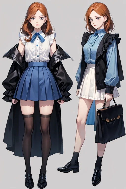 Ashley has apricot skin, shoulder length auburn hair and black eyes. Her outfit is a frilly pale blue shirt that has a black button and a black collar with a bright blue cardigan that has black cuffs, a blue skirt, thigh length light blue socks with darker blue trim and black Mary Jane shoes.