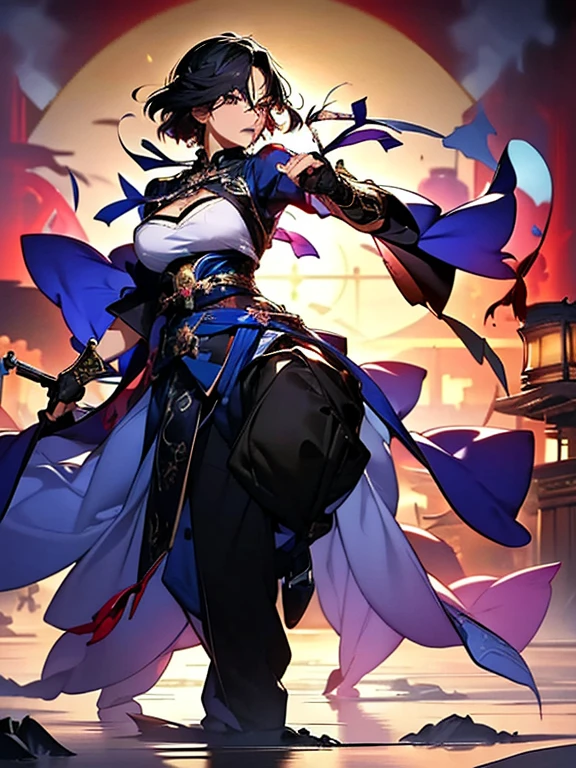 8k_wallpaper, extremely detailed eyes, extremely detailed body, (large masterpiece digital art), (detailed manga illustration), (detailed line art), ((perfect anatomy)), (intricate details:1.3), (ultra-detailed:1.3), (illustration:1.3), (sharp focus:1.3), (natural lighting:1.05), (vivid colors:1.3), (masterpiece), best quality, expressive eyes, perfect face, 1 girl, breasts, cleavage, gloves, large breasts, traditional clothes, cerulean clothes, black hair, short hair, messy hair, dark brown eyes, hourglass physique, loose-fitting pants, fighting stance, large ass, pale skin, shrine maiden, tomboy, combat boots