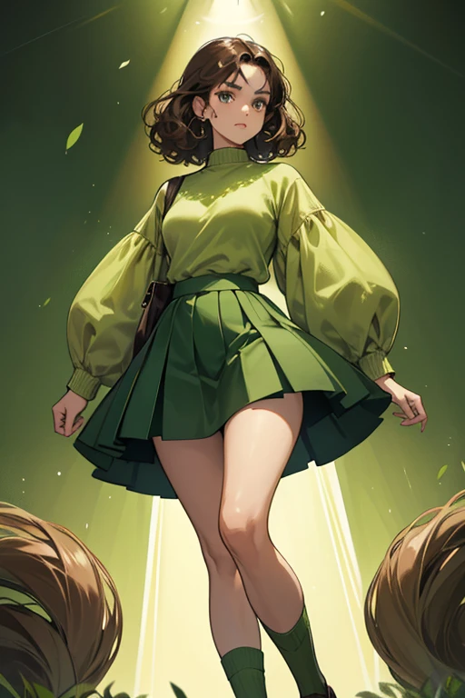 She is tall, slender, and has lighter brown skin, curly brunette  hair, thick eyebrows, and almond-shaped eyes. Her outfit consists of a green sweater with light green sleeves and a dark green collar, a dark green skirt, thigh length light green socks with darker green trim, and dark brown loafers.