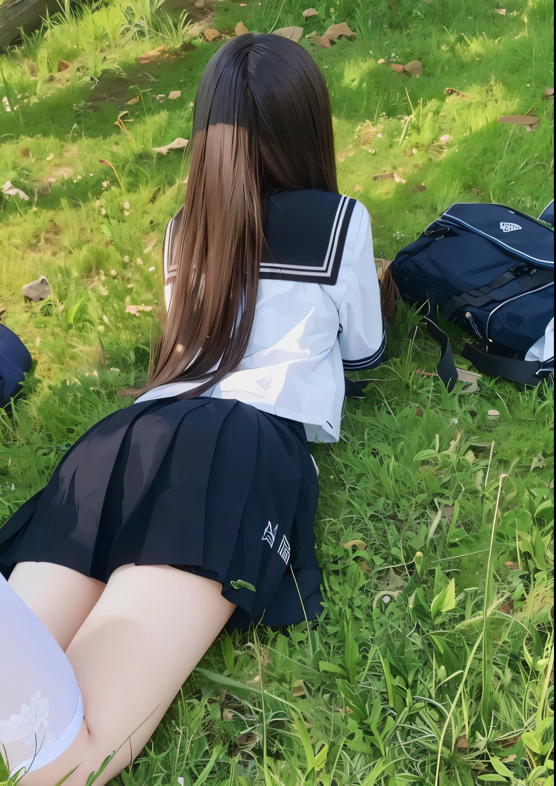 Fide girl in school uniform sitting on the grass, a hyperrealistic school girl, hyperrealistic school girl, Anime girl squats, realistic school girl, Japan School Uniform, Japan schoolgirl school uniform, On a meadow, On a meadow, lying on the grass ground, wearing Japan School Uniform, In the grass, anime girl in real life