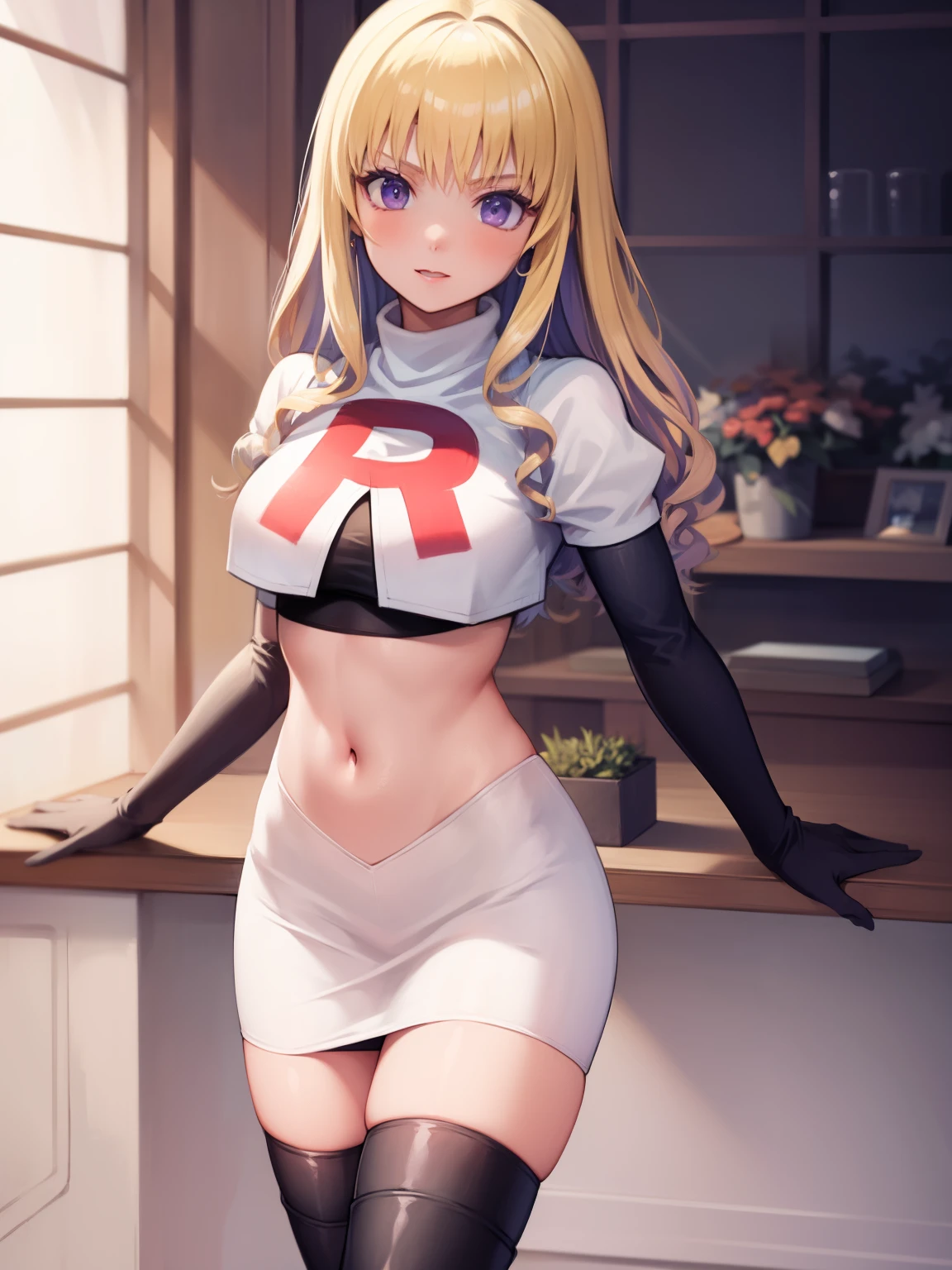 constance_academy, purple eyes glossy lips ,team rocket uniform, red letter R, white skirt,white crop top,black thigh-high boots, black elbow gloves, looking at viewer, cowboy shot