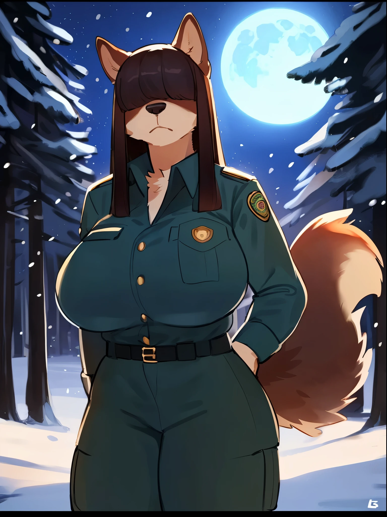 By bebebebebe, by lostgoose, by goonie-san, female, ((canine, snout, hair covering eyes, straight hair, medium hair, flat hair, ears, thin snout)), brown fur, big poofy tail, raised tail, dark maroon hair, ((muscular, big breasts)), solo, annoyed, standing, forest, snowing, snow, night, moon, ((park ranger uniform)), curvy