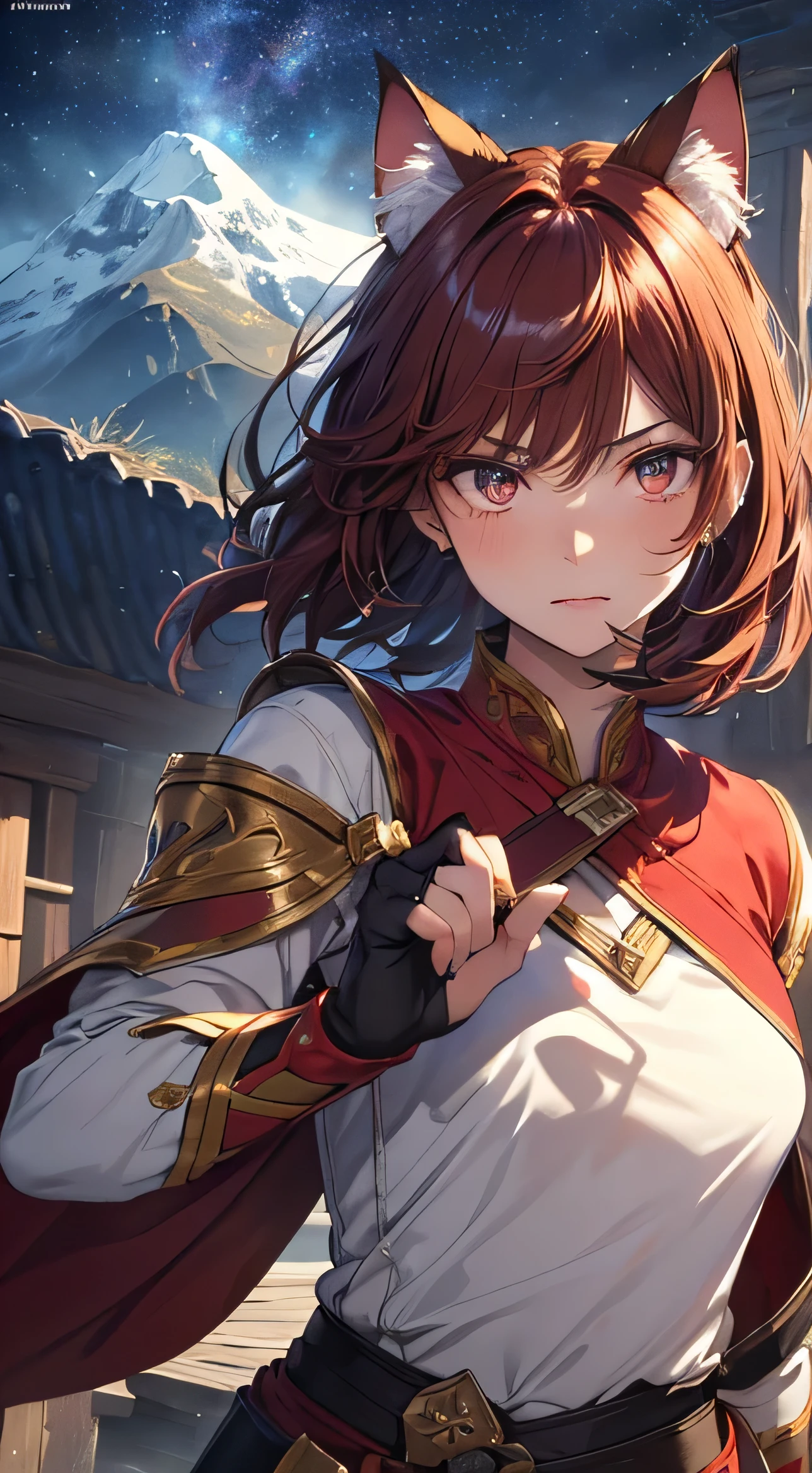 beautiful detail한 소녀, Clear and beautiful, radiant skin, girls, femele, young, 20yo, bobbed hair, short-hair, beautiful detail glass hair, ((Wielding a big sword, Combat posture)) ((bright red greek costume)) beautiful detail, cold face, cold expression, beautiful-detailed eyes, medium 가슴, Brown eyes, Full-fledged skin texture, Very good 8KCG wallpapers, very fine 8K CG wallpaper, watercolor (medium), female warrior, (((cat ear))), Wielding a sword, Attacking stance, levitation, (((Dark, Dark Night, deep night))) (((Natural background, mountains, wood))), ((plein air)), upper body cut, Costume colors are colorful and saturated..,