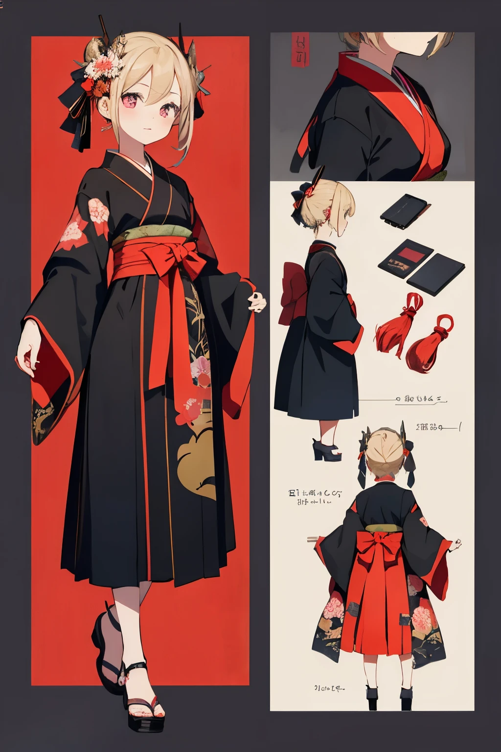 (best quality, masterpiece), 1girl, ,cute, standing girl, three view drawing, front and back and side, character sheet,full body,simple background,kimono,dragon,