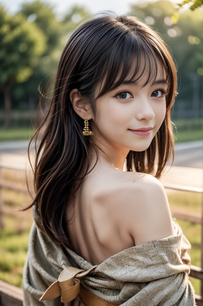 (Photoreal Stick:1.5, masutepiece:1.5, RAW shooting, 8K), (top-quality, masterpiece, 超A high resolution), morning, (Shoot with blur:1.7), (fog the lens:1.6), (reflect light onto the lens:1.7), ((sunrises, Sunlight coming in from behind:1.7, morning日の陽光が画面いっぱいに広がる:1.7)), ((morning日の陽光が女性を照らす:1.8)), ((画面全体がmorning日の陽光のせいで白く霞んで見える:1.8)), ((女性はmorning日の陽光でぼんやりして見える:1.9)), Face Sharp Focus:1.3, Professional camera work:1.3, Highly detailed skin and facial texture:1.3, Grow Light Effect, The ultra-detailliert:1.3, 1girl in, Fair skin, (Sense of clarity:1.4, a small face), Extremely beautiful face:1.5, (Sense of clarityを感じる目:0.9, looking distantly), A smile:1.0, i love you completely:0.8, (Slightly open mouth:0.4, Sense of clarityを感じる口当たり:0.7), 二重まぶた, Dark brown medium hair, necklace and earrings, (japanese kimono, off shoulders)