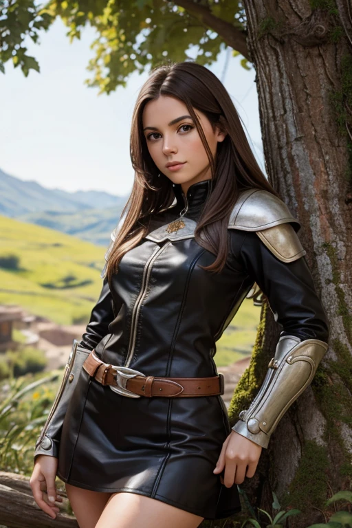 (Obra maestra, La mejor calidad) jovencita, solamente, Botas, Adorno de piel, armadura, Hierba, al aire libre, En pie, fantasy, andante, brown hair, cuerpo completo, tree, Guantes, cabello rubio, realista, Naturaleza, Cabello largo.