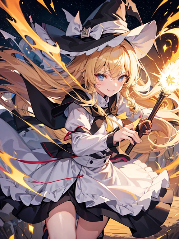 Marisa Drizzle、a blond、Long hair down to waist、Witch&#39;s pointed bow with black frills、Emitting master spark、Fighting、Fighting、Fighting、Fighting、Fighting、a cool、Lots of prism light、natta、Flying in the sky、Riding a broom、Powerful、Glitter、A mischievous smile、pupils are open、Hands are out in front、He has a mini Bagua furnace in his hand.、eyes are directed to the left、Riding a broom！！！