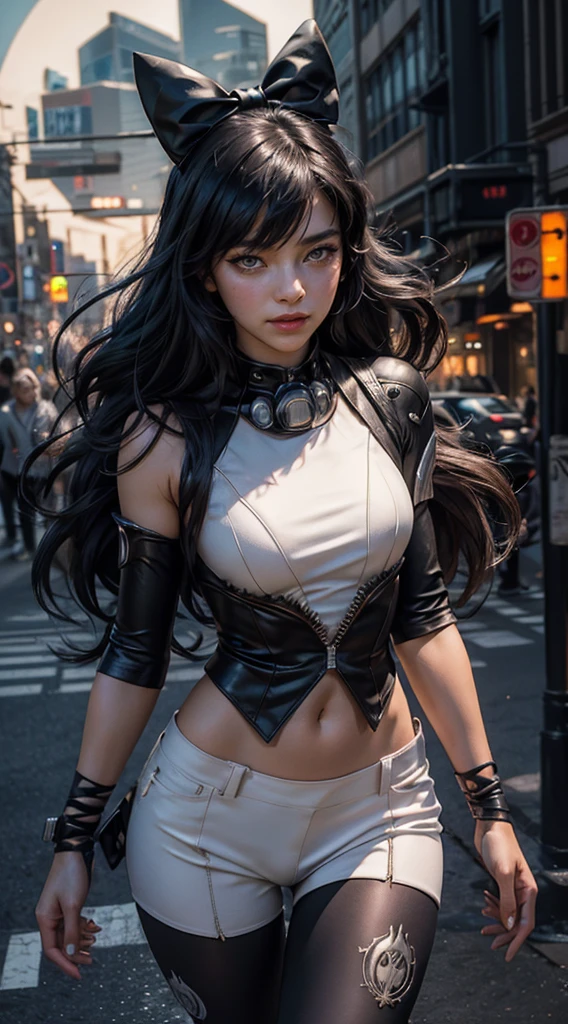 (masterpiece, stunning girlfriend, (standing:1.1), dynamic pose, heart shaped face, elegant face, beautiful face, highly detailed face, highly detailed skin, skin pores, subsurface scattering, realistic pupils, loving smile, looking at viewer, full face blush, full lips, detailed background, depth of field, atmospheric perspective, volumetric lighting, sharp focus, absurdres, realistic proportions, good anatomy, (realistic, hyperrealistic:1.4), 16k hdr (masterpiece, best quality:1.2), cowboy shot, solo, 1girl, blake belladonna, expressionless, closed mouth, looking at viewer, black hair bow, white shirt, detached sleeve, pantyhose, legwear under white shorts, cyberpunk city, neon signs, street, crowd, night, moon, moonlight