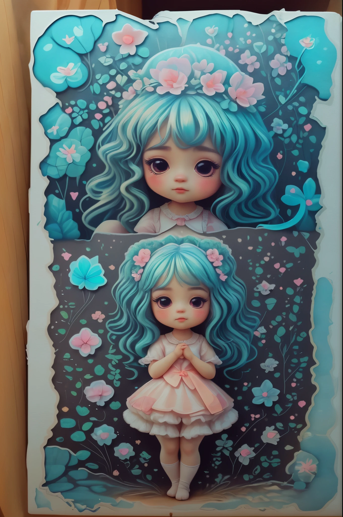 Ultra detailed illustration of a chibi lolita girl, lost in a magical world of wonders, luminous, translucent, Transparent, bioluminescent flora, Incredibly detailed, pastel colours, hand painted brush strokes, visible strokes, oil paint, Artist MSchiffer, night time, bioluminescense