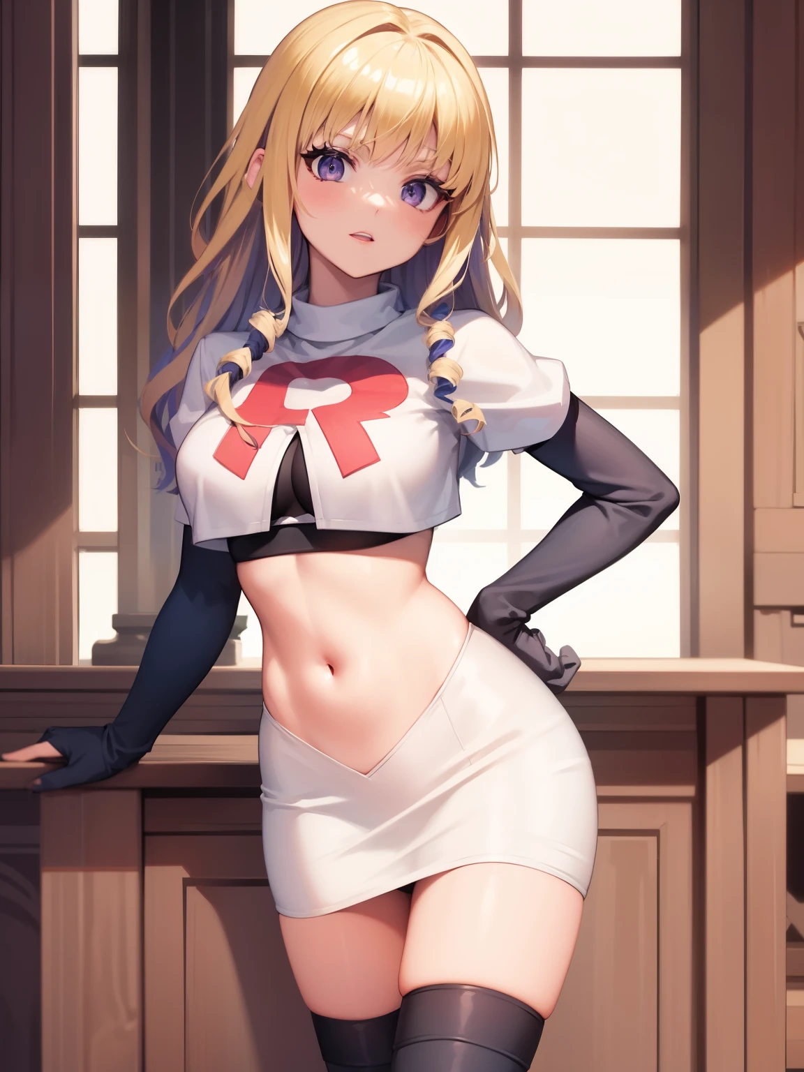 constance_academy, purple eyes glossy lips ,team rocket uniform, red letter R, white skirt,white crop top,black thigh-high boots, black elbow gloves, looking at viewer, cowboy shot
