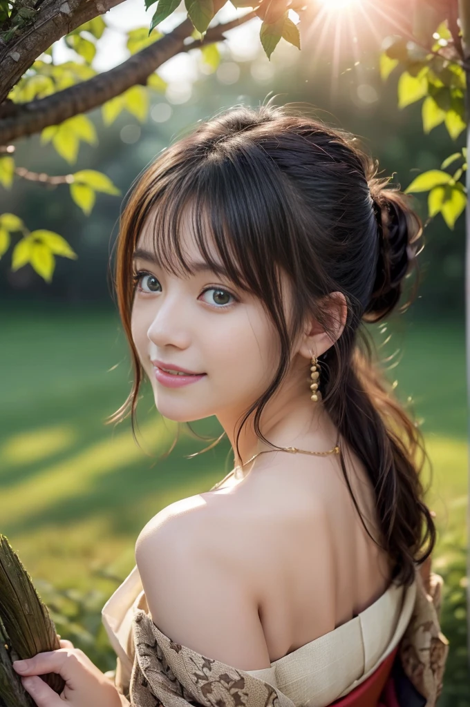 (Photoreal Stick:1.5, masutepiece:1.5, RAW shooting, 8K), (top-quality, masterpiece, 超A high resolution), morning, (Shoot with blur:1.7), (fog the lens:1.6), (reflect light onto the lens:1.7), ((sunrises, Sunlight coming in from behind:1.7, morning日の陽光が画面いっぱいに広がる:1.7)), ((morning日の陽光が女性を照らす:1.8)), ((画面全体がmorning日の陽光のせいで白く霞んで見える:1.8)), ((女性はmorning日の陽光でぼんやりして見える:1.9)), Face Sharp Focus:1.3, Professional camera work:1.3, Highly detailed skin and facial texture:1.3, Grow Light Effect, The ultra-detailliert:1.3, 1girl in, Fair skin, (Sense of clarity:1.4, a small face), Extremely beautiful face:1.5, (Sense of clarityを感じる目:0.9, looking distantly), A smile:1.0, i love you completely:0.8, (Slightly open mouth:0.4, Sense of clarityを感じる口当たり:0.7), 二重まぶた, Dark brown medium hair, necklace and earrings, (japanese kimono, off shoulders)
