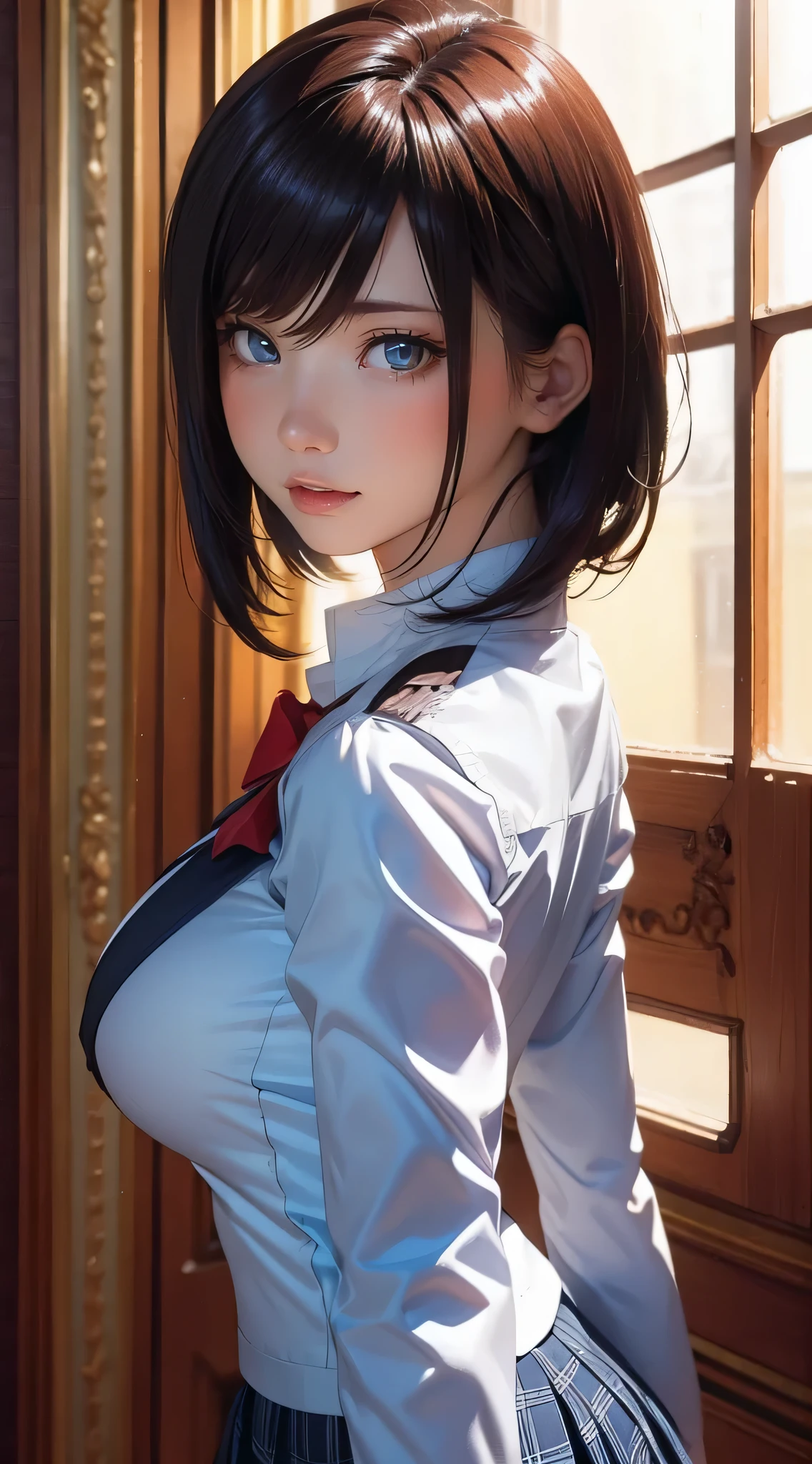 randome pose,From below,(Cinematic scene,Fantasy Art,Highest image quality,hyperrealistic portrait,(8K),Ultra-realistic,Best Quality,High quality,High Definition,high quality texture,high detailing,Beautiful detailed,fine detailed,extremely details CG,Detailed texture,realistic representation of face,masutepiece,presence,Dynamic,Bold),Ultra detailed skin,(Curve,Petite),Beautiful breasts,(Large breasts:1.2),pale skin,pointed breast,Erect nipples,Short hair,(super thin hair),(ultra soft hair),(ultra straight hair),Swept long bangs,very light coppery amber hair,Hair over one eye,(Clothed:1.5),School uniform