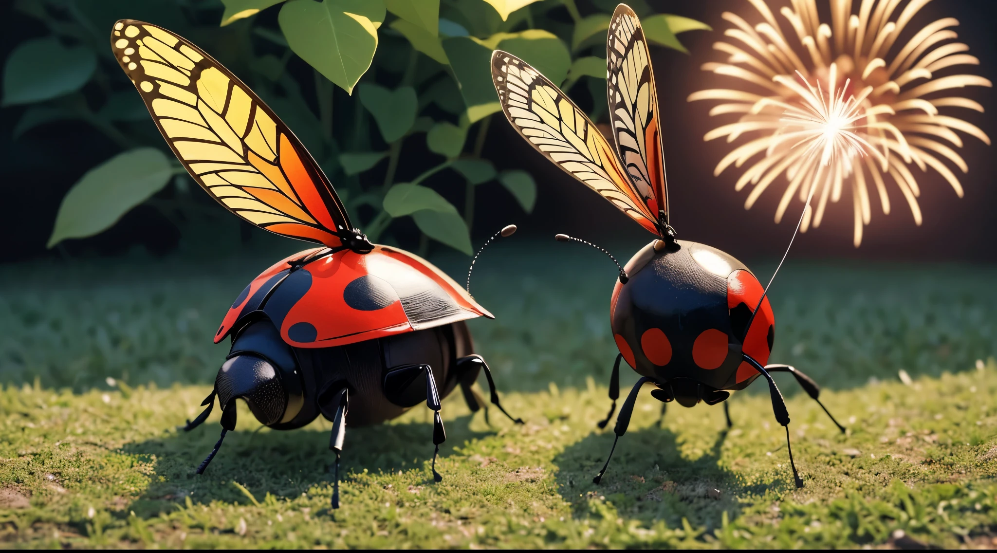Create a picture with festive illustrations of various insects. Start by drawing a field of crops in the background and in the foreground I draw a ladybug with its characteristic red and black spots.. Also draw colorful butterflies with their delicate wings and unique patterns. Also create a beetle with its bright metallic colors and distinctive antennae. Para um toque divertido, desenhe algumas larvas com seus corpos alongados e segmentados. Adicione elementos festivos, como confetes, streamers and fireworks. Finalize incluindo uma mensagem de ano novo desejando felicidades e prosperidade