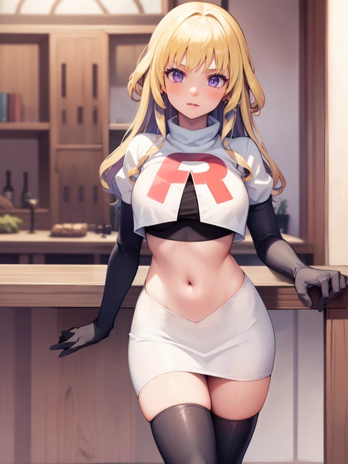 constance_academy, purple eyes glossy lips ,team rocket uniform, red letter R, white skirt,white crop top,black thigh-high boots, black elbow gloves, looking at viewer, cowboy shot