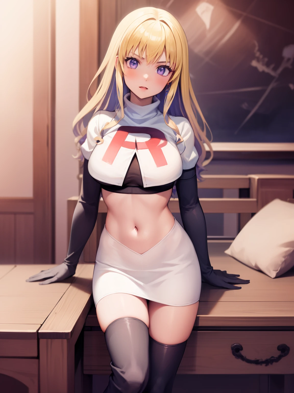 constance_academy, purple eyes glossy lips ,team rocket uniform, red letter R, white skirt,white crop top,black thigh-high boots, black elbow gloves, looking at viewer, cowboy shot