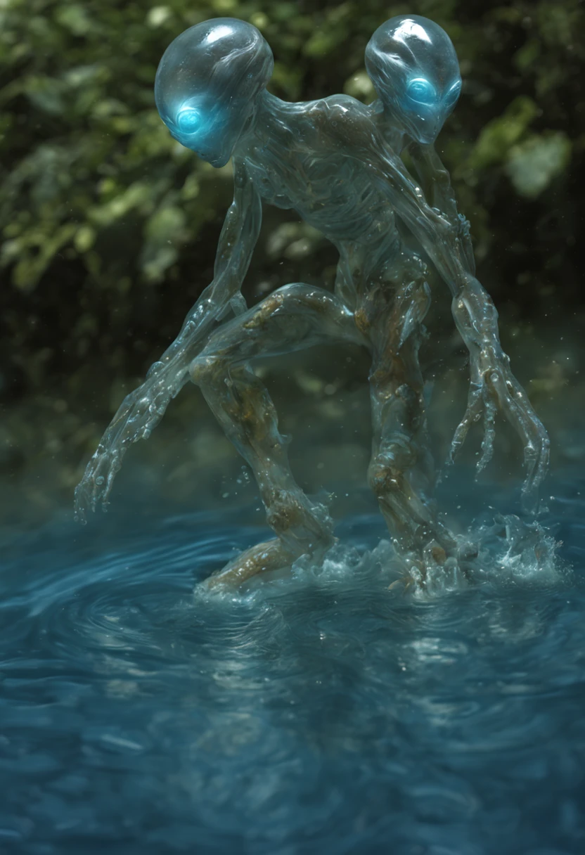 andar, hands and feet, olhos grandes, Water Sprites，semi transparente，adolable, (((Translucent humanoid alien creature))), Luz, luz azul,, oceano, Plants in the water,Rico em Cores, luar, mar revolto