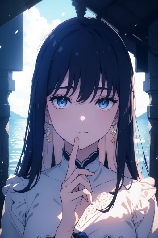 Ultramarine sky、woman with long black hair、Simple white one-piece dress、Slim type、small tits、(Extremely delicate and beautiful: 1.2)、Depression、An expression that hides sadness、Sea of Japan scenery、(​masterpiece, best qualtiy, 超A high resolution), 1girl in, pale skin, ((blue Eyes)), blazing_Eyes, neon Eyes, (ultra detailed Eyes, beautiful and detailed face, detailed Eyes), ((Centered)), Smile, ((Wide Shot)), face to the viewer, Eye level, (blurry Background, bright snowy Background, Winters), flat-chest, Looking at Viewer, ((half closed Eyes)), ((Perfect hands)), (((Head, missiles, lower back, Elbows, In view))), ((hands behind back)), empty Eyes, Beautiful lighting, Outside, Outdoors, Background, defined subject, 25 years old,