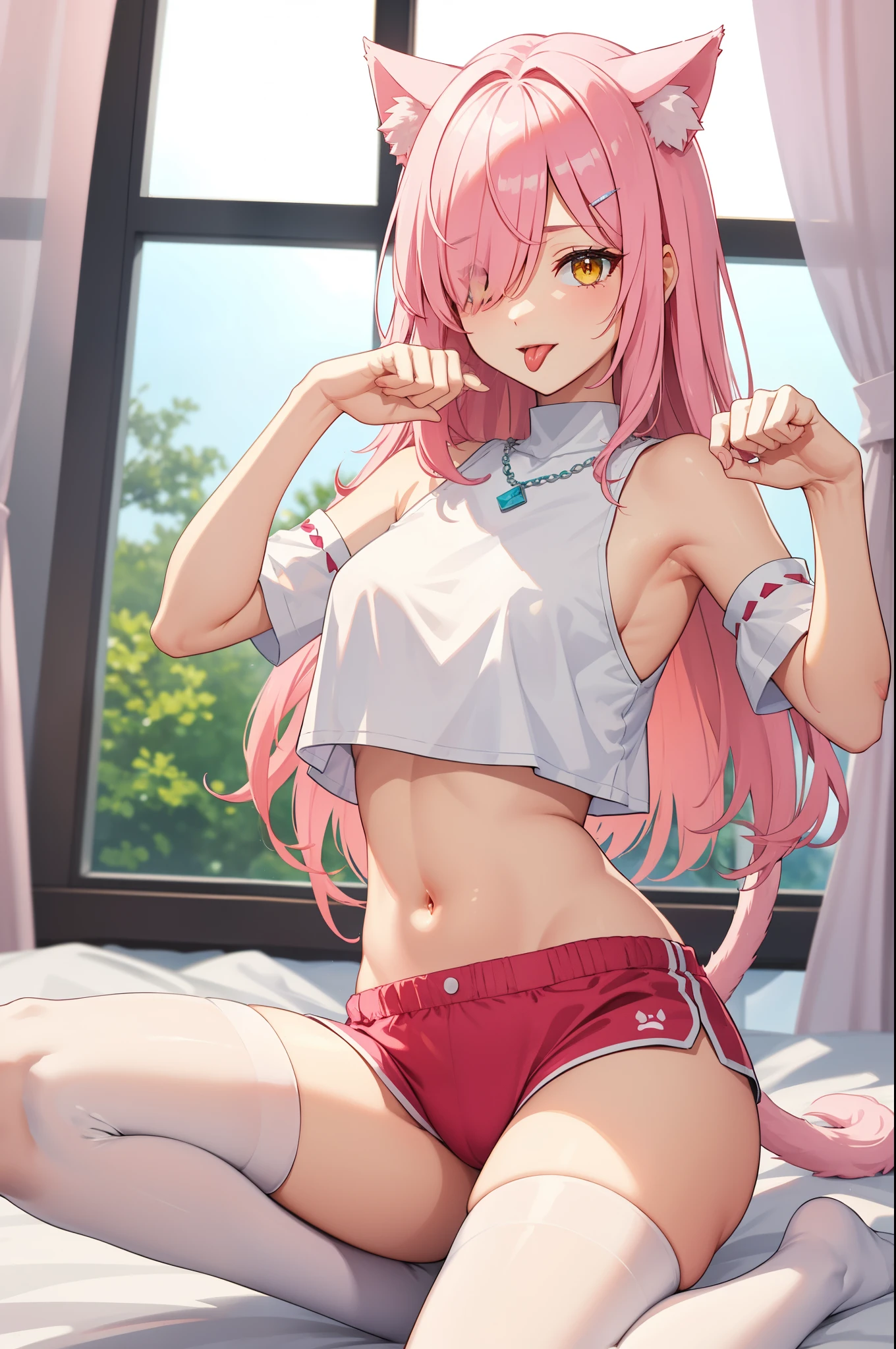 (masterpiece), best quality, perfect face,on bedroom,bedsheet,window,1catgirl,Beautiful yellow eyes,cat ears,cat tail,Long pink hair,((hair over one eye)),(plain White t-shirt with crop top),(pink hot pants),white stocking,white detached sleeve,bare shoulders,diamond necklace,(perfect anatomy:1.2),(paw pose,tongue out,lick hand)