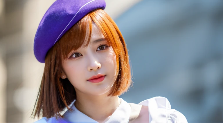 ((Best Quality)), ((masutepiece)), 1girl in,Detailed details,1girl in,short head hair,Black eyes,Hair that flutters in the wind,Orange hair,White beret,Purple ribbon