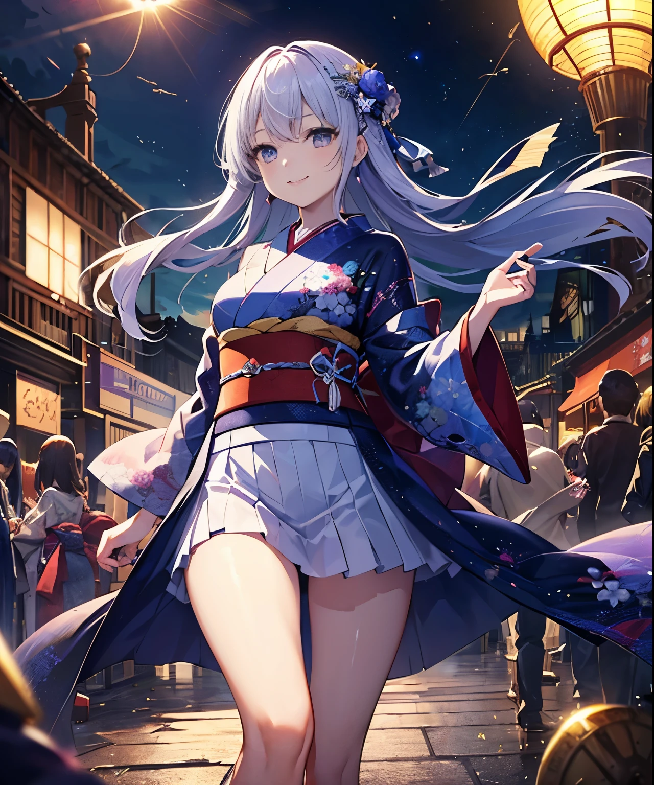 (((masterpiece)))、(((top-quality)))、((ultra-detailliert))、1girl in、A smile、The long-haired、Light purple hair、strong breeze、In nature、Kimono、battle field、Star chips、overlord、Strong