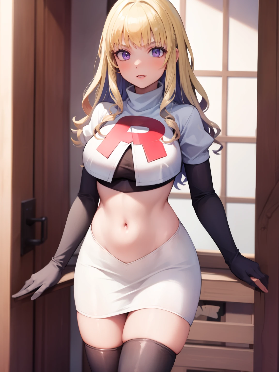 constance_academy, purple eyes glossy lips ,team rocket uniform, red letter R, white skirt,white crop top,black thigh-high boots, black elbow gloves, looking at viewer, cowboy shot