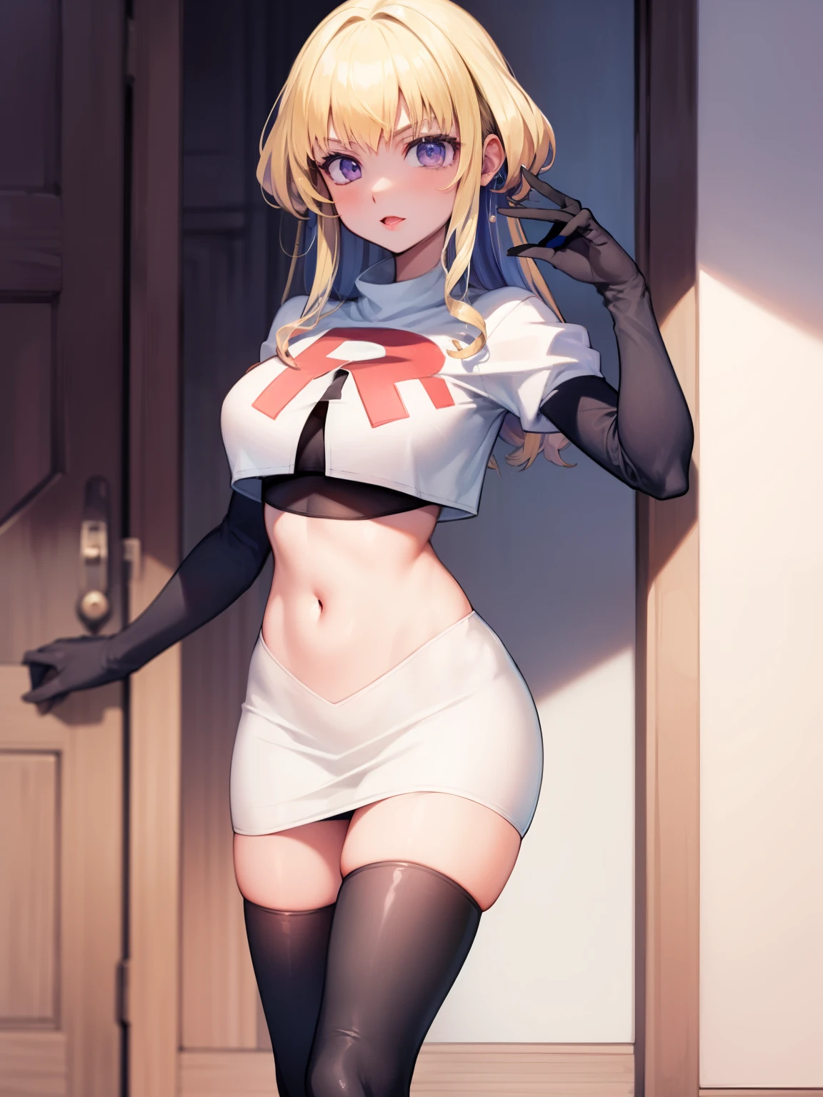 constance_academy, purple eyes glossy lips ,team rocket uniform, red letter R, white skirt,white crop top,black thigh-high boots, black elbow gloves, looking at viewer, cowboy shot