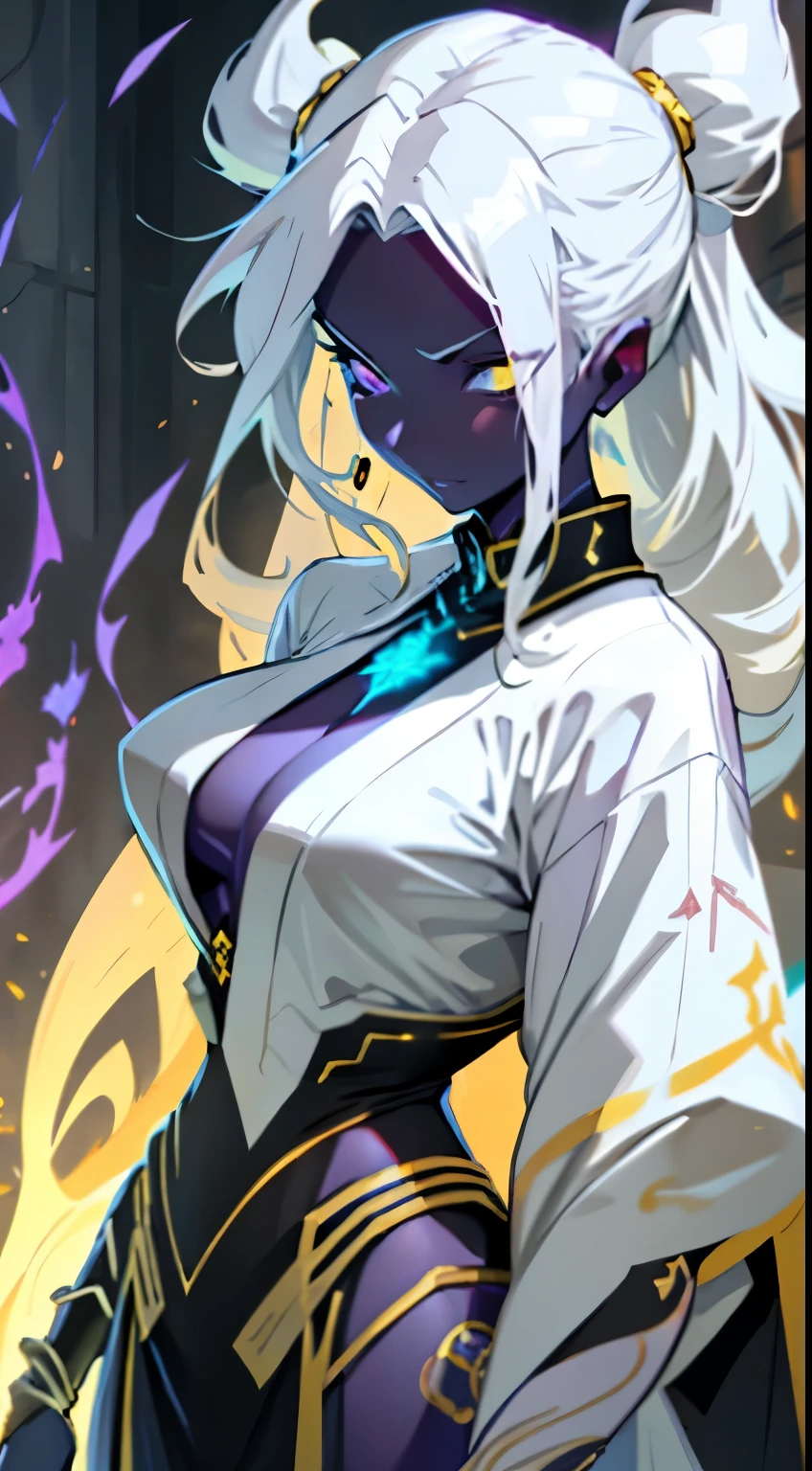 A beautiful and sexy megatrix woman with long white hair and yellow eyes who has a very sexy body wearing a white kimono with gold details and having several runes running across her body