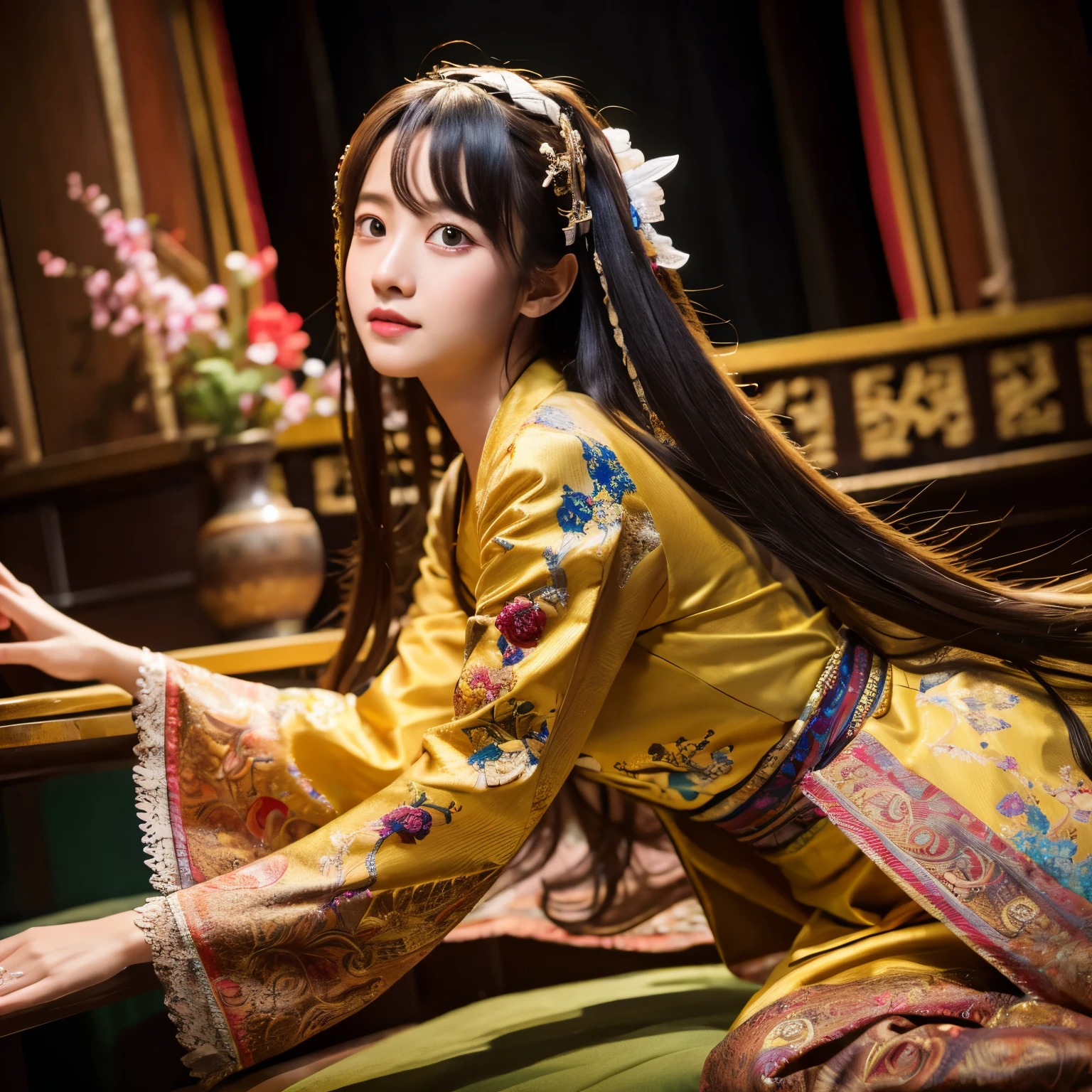 (Raw photo, Best Quality), (Realistic, Photo Realistic: 1.3), Best Quality, Highly detailed, masutepiece, Hyper-detailing, Illustration, 1 girl, Dynamic Angle, World masutepiece Theater, Messy_long_hair, Best Quality, Very detailed CG Unity 8K wallpaper, inky, amazing, Cinematic lighting, lens_f lare, Full body image: 1.2, dunhuang_Style, Flying: 1.2