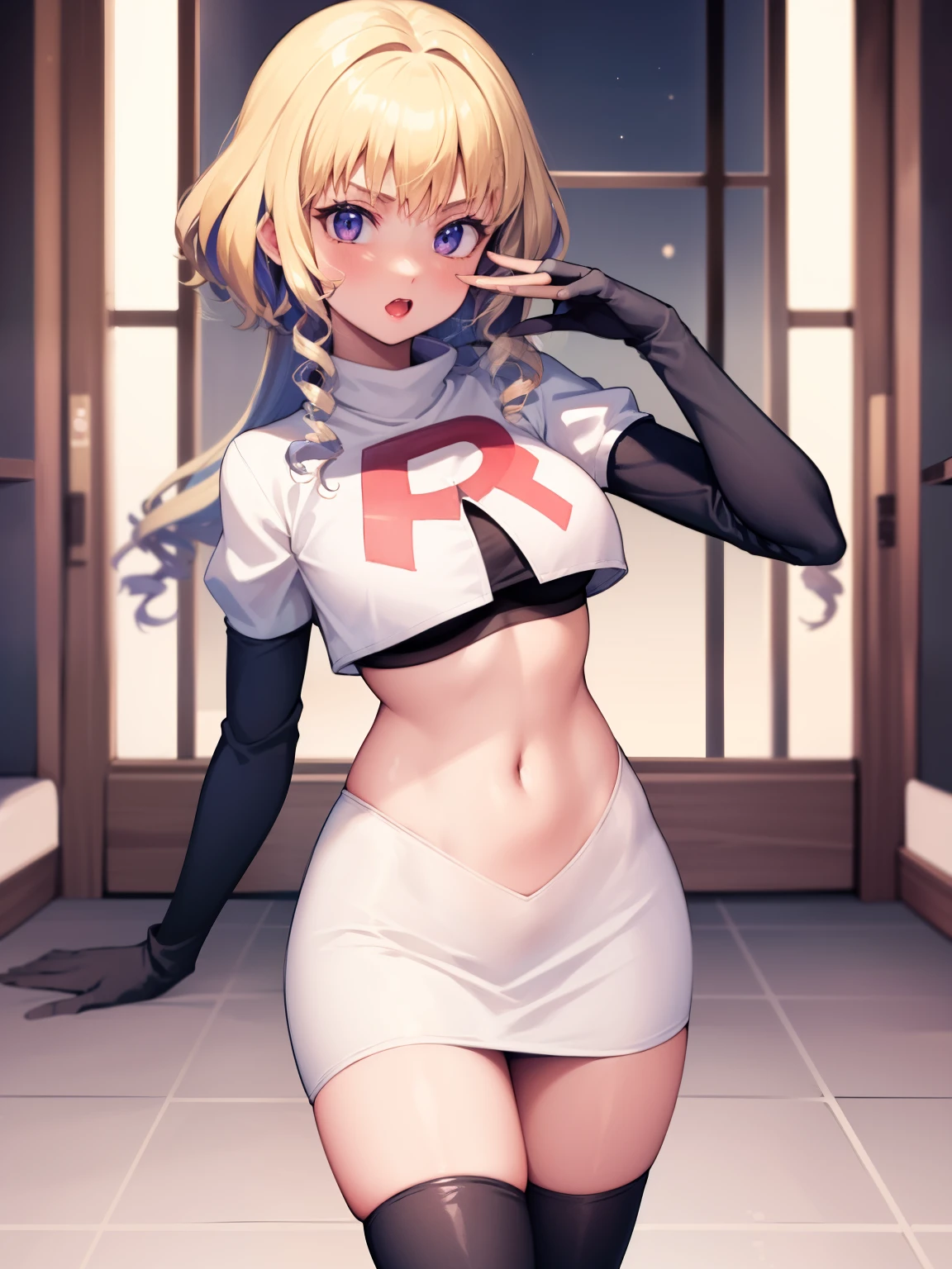 constance_academy, purple eyes glossy lips ,team rocket uniform, red letter R, white skirt,white crop top,black thigh-high boots, black elbow gloves, looking at viewer, cowboy shot