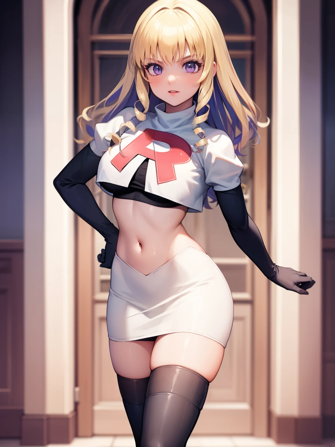 constance_academy, purple eyes glossy lips ,team rocket uniform, red letter R, white skirt,white crop top,black thigh-high boots, black elbow gloves, looking at viewer, cowboy shot