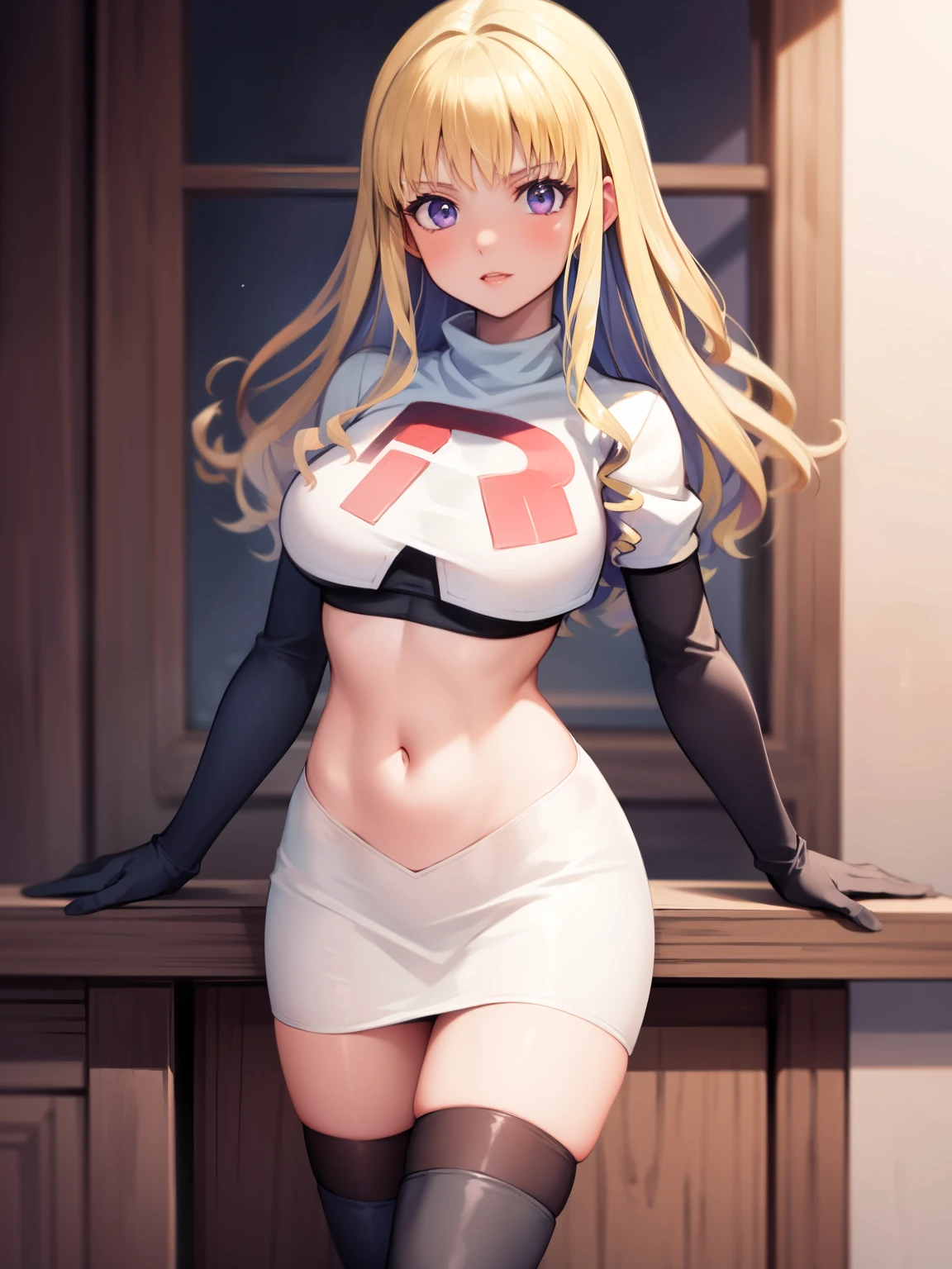 constance_academy, purple eyes glossy lips ,team rocket uniform, red letter R, white skirt,white crop top,black thigh-high boots, black elbow gloves, looking at viewer, cowboy shot