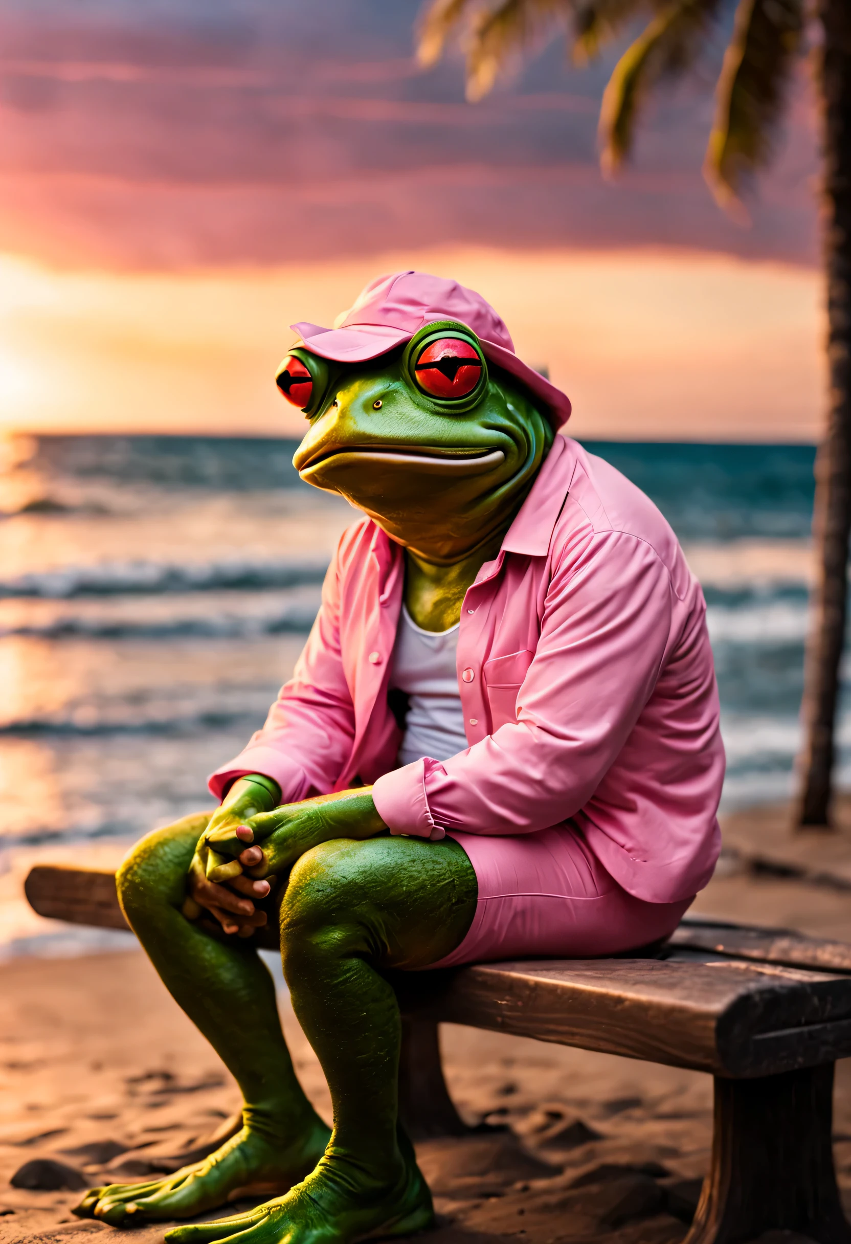 infame meme hombre rana, Sentado en un banco, playa al amanecer, pantalones y camisa rosa, sad and nostalgic atmosphere