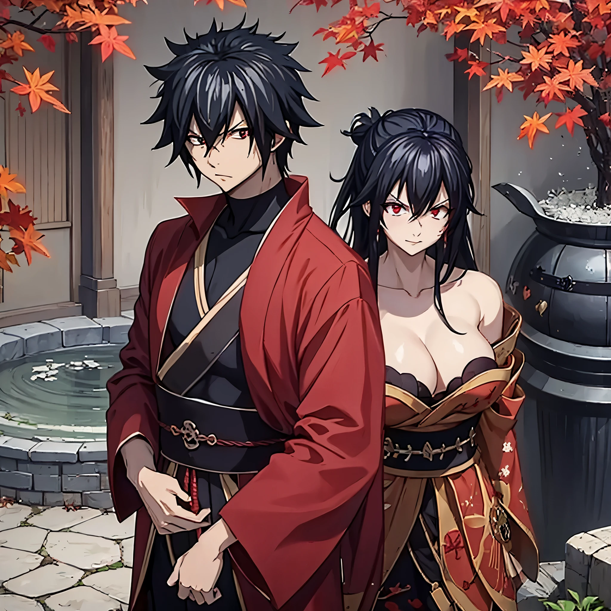 gray fullbuster using wearing heavy samurai armor next to a woman (eye red) sorridente in a red kimono in a in a Japanese autumn garden