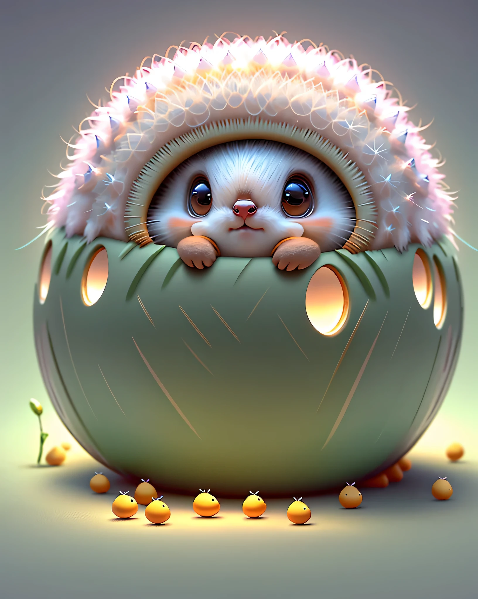 Top image quality、"Create cute creature masterpieces with inspired ultra-detailed concept art. Let your imagination come alive", hedgehog, high detailing, in 8K、Top image quality、protect the eggs、use glowing weapons、Cool pose