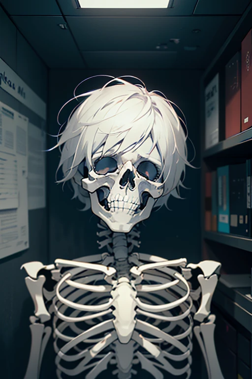 top-quality、masterpiece、超A high resolution、细致背景、realisitic、undead、skeletal、short white-hair、crewcut、horor\(theme\)、Dark Fantasy、officeworker、depth of fields、Tired、(White Business Shirt)、(Open mouth)、Note PC