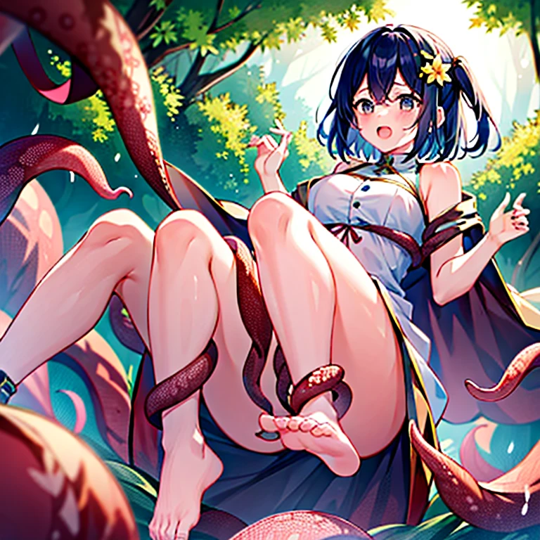 plant tentacraig flower monster A girl is tangled in tentacles a girl is floating in the air Crying expression Background in the forest Bound hands and feet Tentacles are wandering around my crotch tentacles Angle from the front