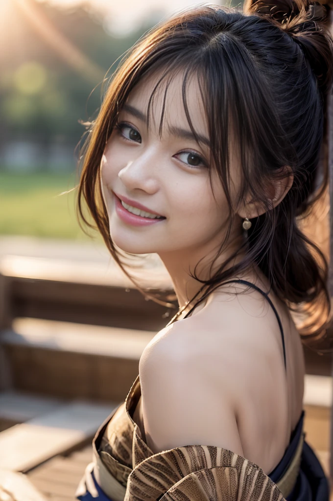 (Photoreal Stick:1.5, masutepiece:1.5, RAW shooting, 8K), (top-quality, ​masterpiece, 超A high resolution), morning, (Shoot with blur:1.7), (fog the lens:1.6), (reflect light onto the lens:1.7), ((sunrises, Sunlight coming in from behind:1.7, morning日の陽光が画面いっぱいに広がる:1.7)), ((morning日の陽光が女性を照らす:1.8)), ((画面全体がmorning日の陽光のせいで白く霞んで見える:1.8)), ((女性はmorning日の陽光でぼんやりして見える:1.9)), Face Sharp Focus:1.3, Professional camera work:1.3, Highly detailed skin and facial texture:1.3, Grow Light Effect, The ultra-detailliert:1.3, 1girl in, Fair skin, (Sense of clarity:1.4, a small face), Extremely beautiful face:1.5, (Sense of clarityを感じる目:0.9, looking distantly), A smile:1.0, i love you completely:0.8, (Slightly open mouth:0.4, Sense of clarityを感じる口当たり:0.7), 二重まぶた, Dark brown medium hair, necklace and earrings, (japanese kimono, off shoulders)