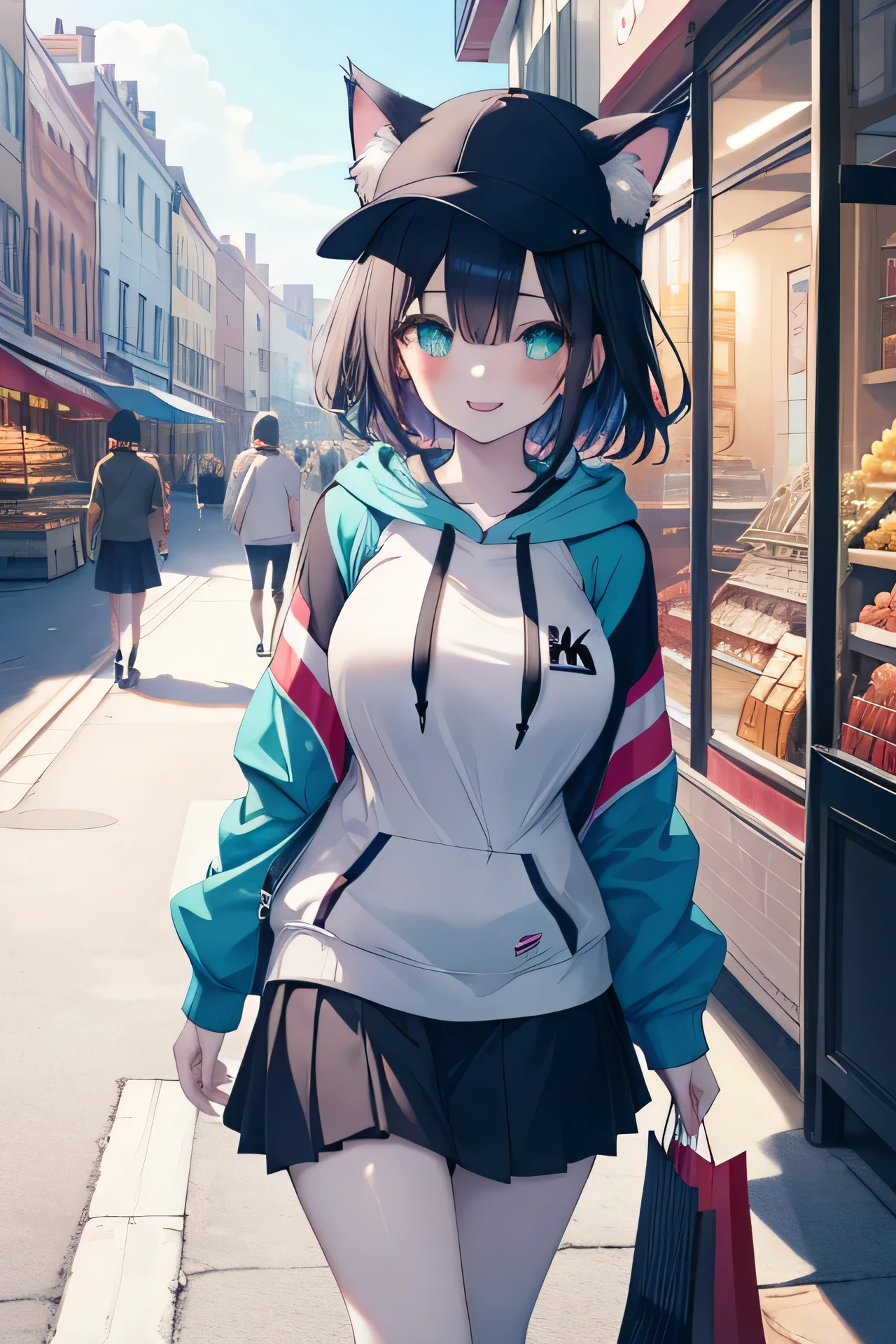 ((masutepiece)), ((Best Quality)), ((8K)), High resolution, 1girl in, Cat ears, pale skin, Large breasts, aqua eyes, Black hair, shopping, Hoodie, Skirt, Big smile, Cap, pantyshot, Walking, knee high