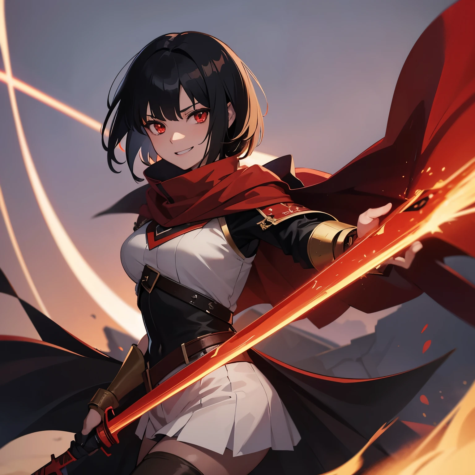 Anime girl, Black Hair, Short Hair, Red Eyes, Holding Red Sword, Psycho Smile, Red Cape, Adventurer Cloth, Night, Realistic Light, Best Quality, 8K,