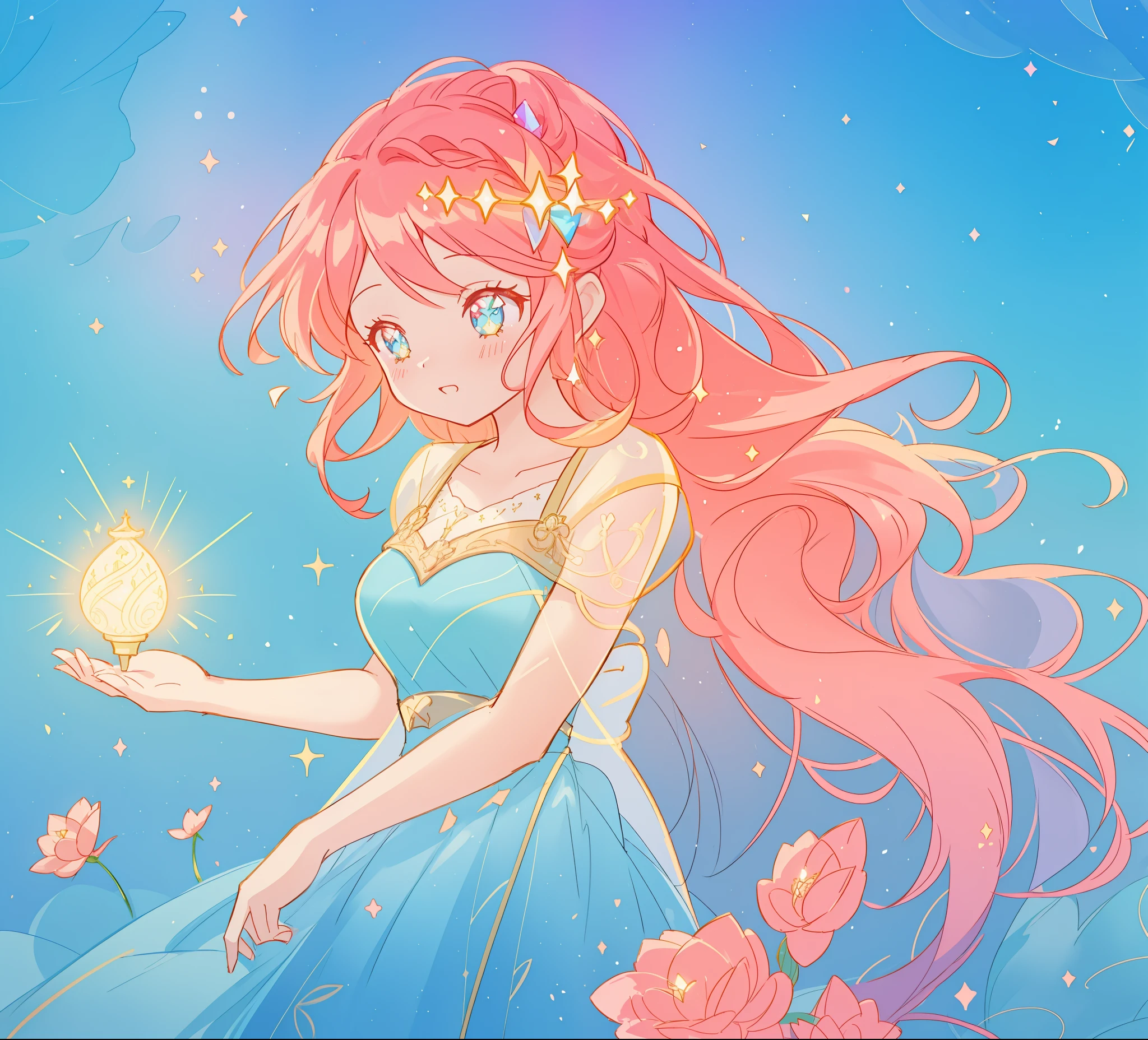 beautiful girl in blue gradient flowing dress, long flowing red pink hair, glowing golden light, vibrant pastel colors, (colorful), magical lights, sparkling lines of light, inspired by Glen Keane, inspired by Lois van Baarle, disney art style, by Lois van Baarle, glowing aura around her, by Glen Keane, jen bartel, glowing lights! digital painting, flowing glowing hair, glowing flowing hair, beautiful digital illustration, fantasia background, whimsical, magical, fantasy, beautiful face, ((masterpiece, best quality)), intricate details, highly detailed, sharp focus, 8k resolution, sparkling detailed eyes, liquid watercolor