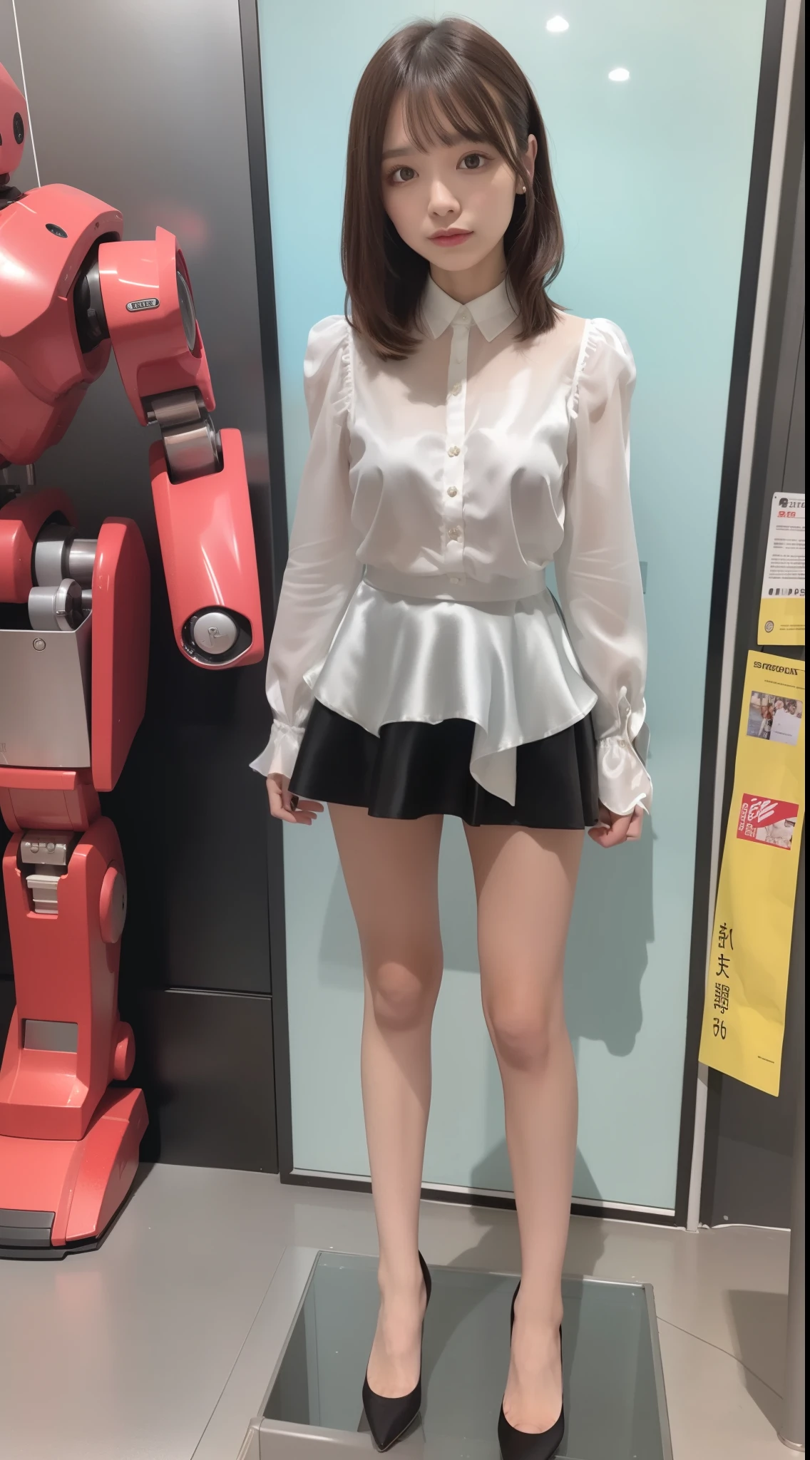 Silver satin ruffled blouse, black mini skirt