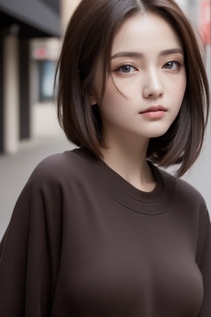 (Best quality, high resolution, masterpiece: 1.3), a beautiful woman, big breasts, slim figure, (short dark brown hair), sweatshirt, beautifully presented details in the street and facial and skin texture, detailed eyes, double eyelids, big eyes