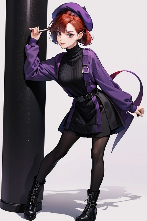 Judy has red hair, covered by a purple beret, and wears black shades. She wears a purple sweater dress over a black shirt, black tights, and purple boots