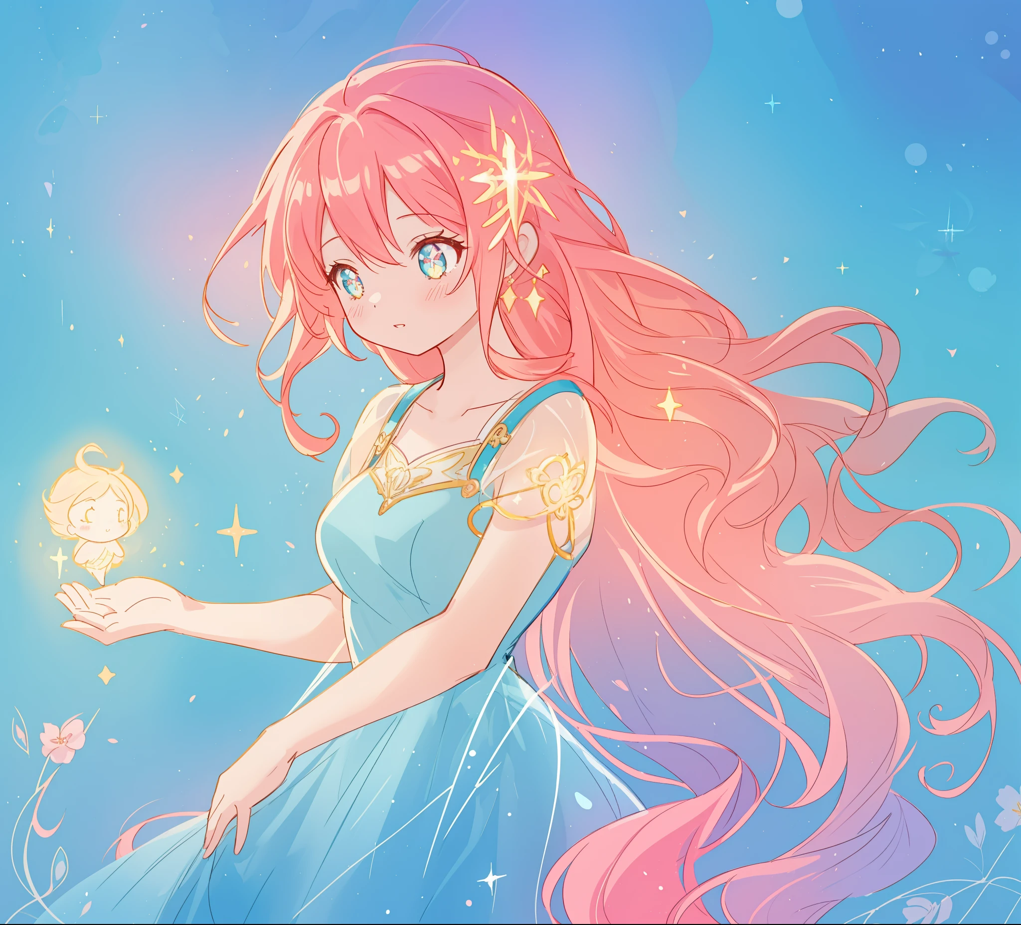 beautiful girl in blue gradient flowing dress, long flowing red pink hair, glowing golden light, vibrant pastel colors, (colorful), magical lights, sparkling lines of light, inspired by Glen Keane, inspired by Lois van Baarle, disney art style, by Lois van Baarle, glowing aura around her, by Glen Keane, jen bartel, glowing lights! digital painting, flowing glowing hair, glowing flowing hair, beautiful digital illustration, fantasia background, whimsical, magical, fantasy, beautiful face, ((masterpiece, best quality)), intricate details, highly detailed, sharp focus, 8k resolution, sparkling detailed eyes, liquid watercolor