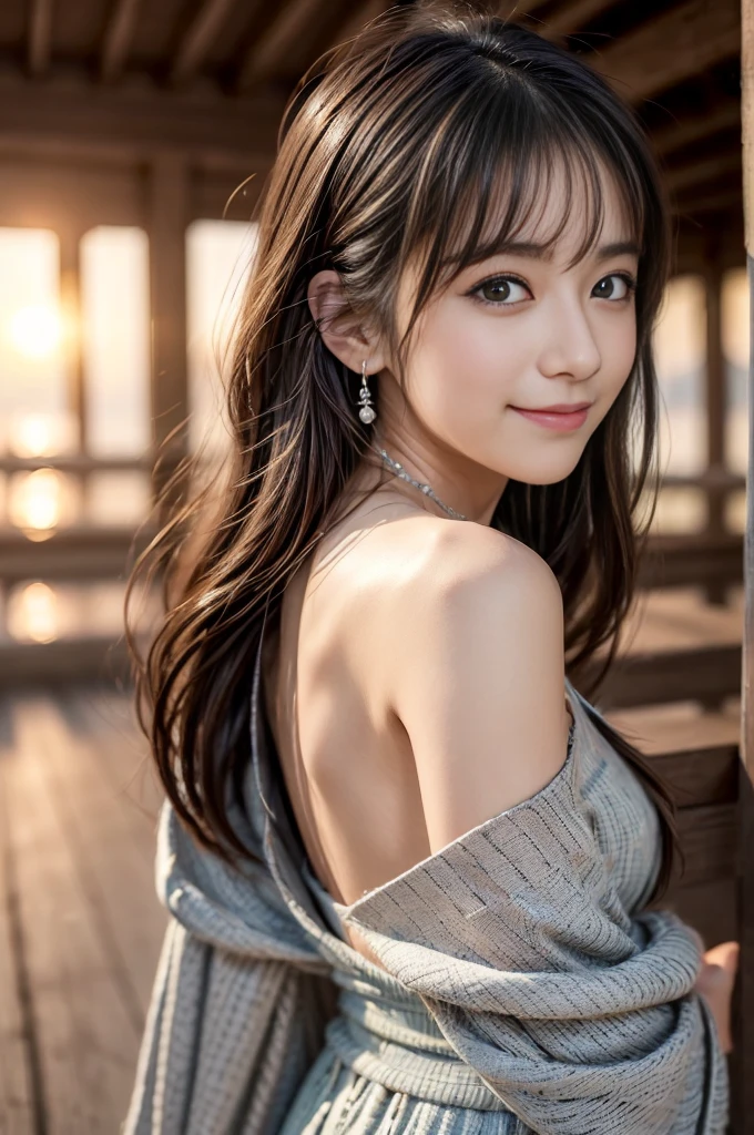 (Photoreal Stick:1.5, masutepiece:1.5, RAW shooting, 8K), (top-quality, ​masterpiece, 超A high resolution), morning, (Shoot with blur:1.7), (fog the lens:1.6), (reflect light onto the lens:1.7), ((sunrises, Sunlight coming in from behind:1.7, morning日の陽光が画面いっぱいに広がる:1.7)), ((morning日の陽光が女性を照らす:1.8)), ((画面全体がmorning日の陽光のせいで白く霞んで見える:1.8)), ((女性はmorning日の陽光でぼんやりして見える:1.9)), Face Sharp Focus:1.3, Professional camera work:1.3, Highly detailed skin and facial texture:1.3, Grow Light Effect, The ultra-detailliert:1.3, 1girl in, Fair skin, (Sense of clarity:1.4, a small face), Extremely beautiful face:1.5, (Sense of clarityを感じる目:0.9, looking distantly), A smile:1.0, i love you completely:0.8, (Slightly open mouth:0.4, Sense of clarityを感じる口当たり:0.7), 二重まぶた, Dark brown medium hair, necklace and earrings, (Japanese silver kimono, off shoulders)