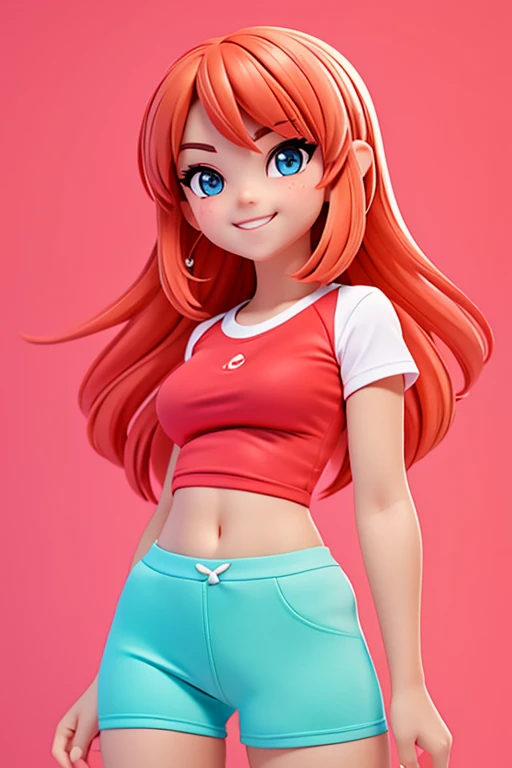 A highly detailed portrait of an incredibly beautiful young woman wearing a tight fitting volleyball t-shirt and shorts.. Cabello largo color cian quemado ondeando al viento . Deslumbrantes y brillantes ojos rojo anaranjado., pecas y rubor. Mouth smiling with joy.. Leaning towards the camera with her arms crossed playfully behind her back. free spirit person. Looking directly at the camera and winking.. Arthenin's art style..