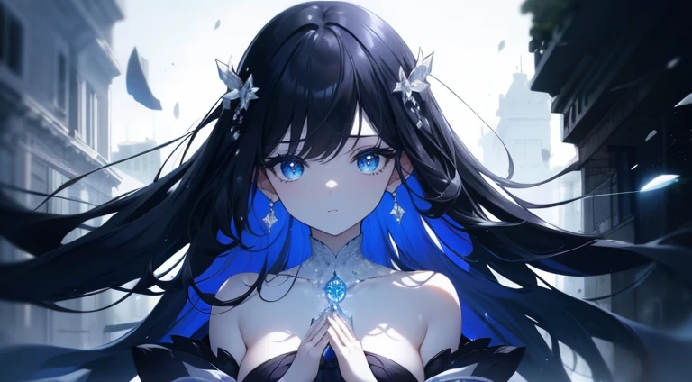 Ultramarine sky、woman with long black hair、Simple white one-piece dress、Slim type、small tits、(Extremely delicate and beautiful: 1.2)、Depression、An expression that hides sadness、Sea of Japan scenery、(masterpiece, best qualtiy, 超A high resolution), 1girl in, pale skin, ((blue Eyes)), blazing_Eyes, neon Eyes, (ultra detailed Eyes, beautiful and detailed face, detailed Eyes), ((Centered)), Smile, ((Wide Shot)), face to the viewer, Eye level, (blurry Background, bright snowy Background, Winters), flat-chest, Looking at Viewer, ((half closed Eyes)), ((Perfect hands)), (((Head, missiles, lower back, Elbows, In view))), ((hands behind back)), empty Eyes, Beautiful lighting, Outside, Outdoors, Background, defined subject, 25 years old,
