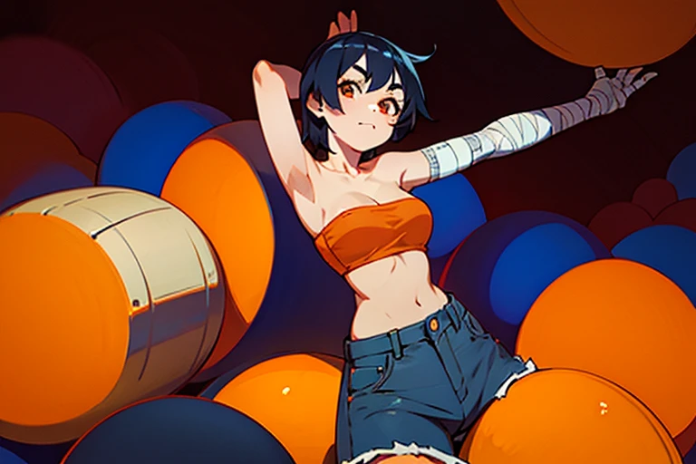 1girl in，Black hair，Orange tube top，Bandage on one arm，Face Up，denim hot-pants