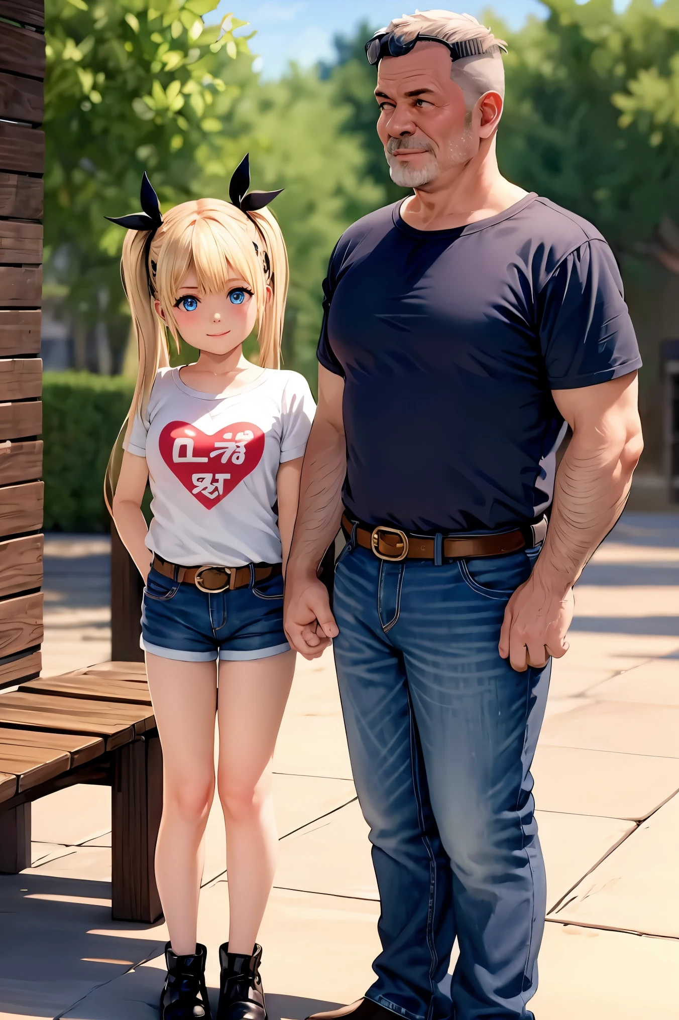 masterpiece, (age difference, size difference, faceless man standing behind, father and daughter), 1girl, marie rose, full body, blush, gentle smile,  (smile, open mouth:0.8), jeans, t-shirt, round neck, sunny, bench, outdoors, belt,