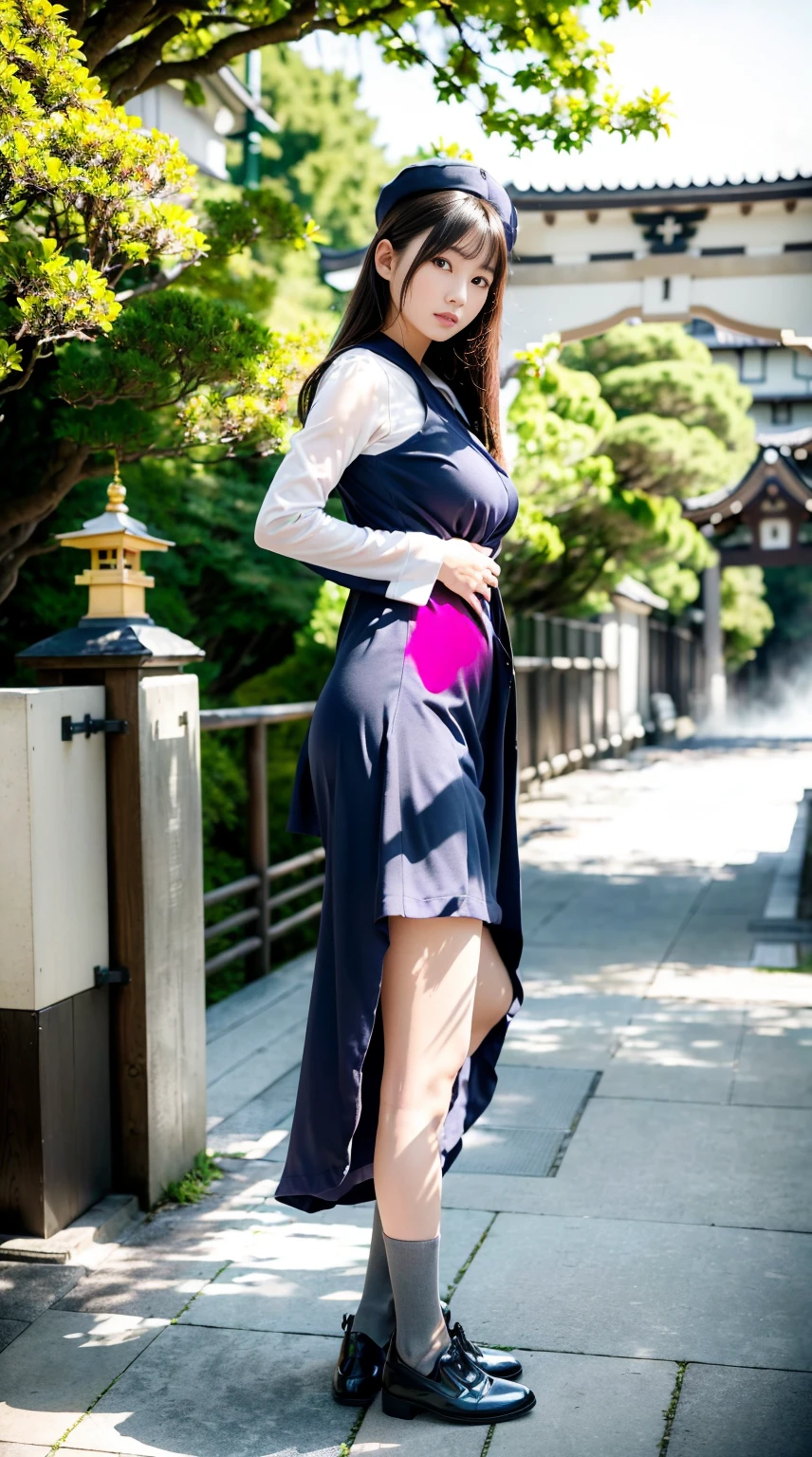 mix4, (16 K, Raw photography, Top image quality, masterpiece: 1.45), (realisitic, Photorealsitic: 1.37), one girls, 7.5, etc、Random hairstyle、Standing figure,Noon time slot、a very cute, Precincts of the shrine,, profetional lighting, photon maping, a park、physically-based renderingt, Gradient dark brown hair,, a handsome, Well-groomed and beautiful eyes、Large double eyelids、Very shiny、girl with, (((White long sleeve sailor suit worn by Japan high school girl、Dark blue collar、Dark blue mini skirt, Small gray beret、Dark blue knee-high socklack loafers))), Top Quality Photos, hight resolution, 1080p, (clearface), (Detailed face description), (Detailed hand description), (masterpiece), (Exquisite CG)、extreme light and shadows、dishevled hair、master work、abundant detail、(Fine facial features)、(top quality photo)、(masuter piece)、(A detailed eye)、Look in front of you、Fine clavicle、((Slender big))、(((Japan schoolgirl in long-sleeved sailor suit:0.7)))、((Ready Idol ))、((Precincts of the shrine、torii gate、Rushing water、Komainu))、(Shooting from random perspectives)、(((neat and cute)))、耳Nipple Ring、A big smile、Drawing the whole body from the knees、Do not draw nasolabial folds、(((Long-sleeved sailor suit)))、(Big breasts that hang down big:1.2)、Big buttocks with tension、Two arms and two legrom the front side:0.7)))、bare hand、No mask、